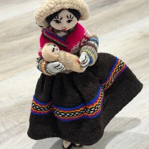 Vintage Handmade Peruvian Andean Folk Art Textile Doll Woman Carrying Baby Peru